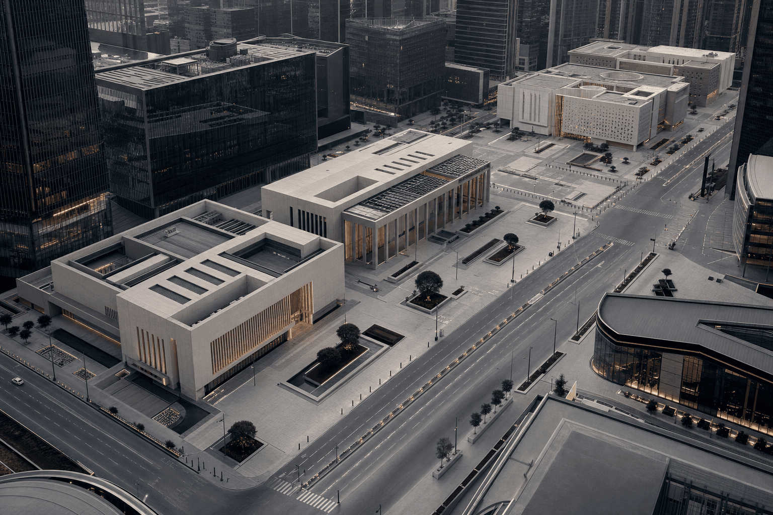 Cinematic dark aerial of a Gulf city block at dusk